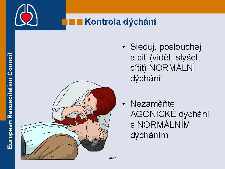 European Resuscitation Council Kontrola dýchání • Sleduj, poslouchej a ciť (vidět, slyšet, cítit) NORMÁLNÍ