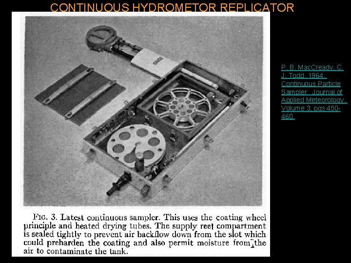 CONTINUOUS HYDROMETOR REPLICATOR P. B. Mac. Cready, C. J. Todd, 1964. Continuous Particle Sampler.