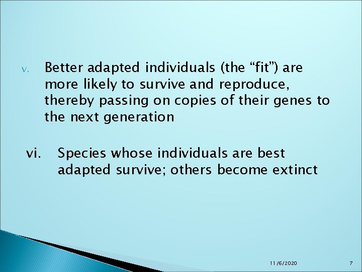 v. vi. Better adapted individuals (the “fit”) are more likely to survive and reproduce, v. vi. Better adapted individuals (the “fit”) are more likely to survive and reproduce,