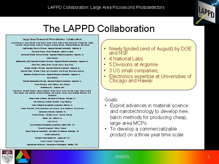 LAPPD Collaboration: Large Area Picosecond Photodetectors The LAPPD Collaboration Large Area Picsecond Photodetector Collaboration