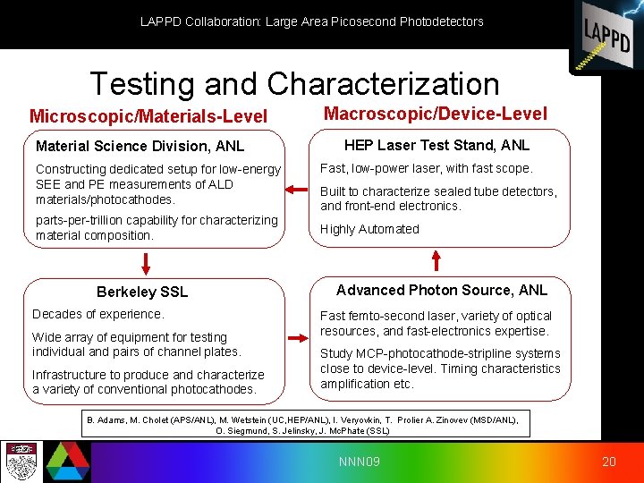 LAPPD Collaboration: Large Area Picosecond Photodetectors Testing and Characterization Microscopic/Materials-Level Material Science Division, ANL