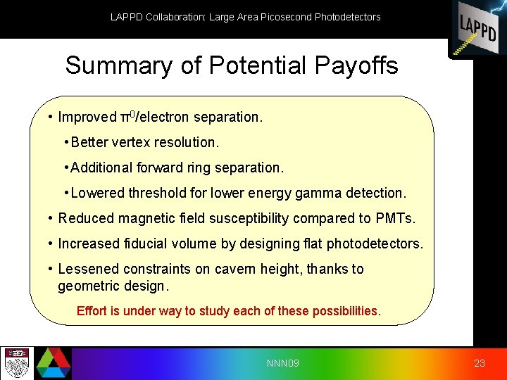 LAPPD Collaboration: Large Area Picosecond Photodetectors Summary of Potential Payoffs • Improved π0/electron separation.