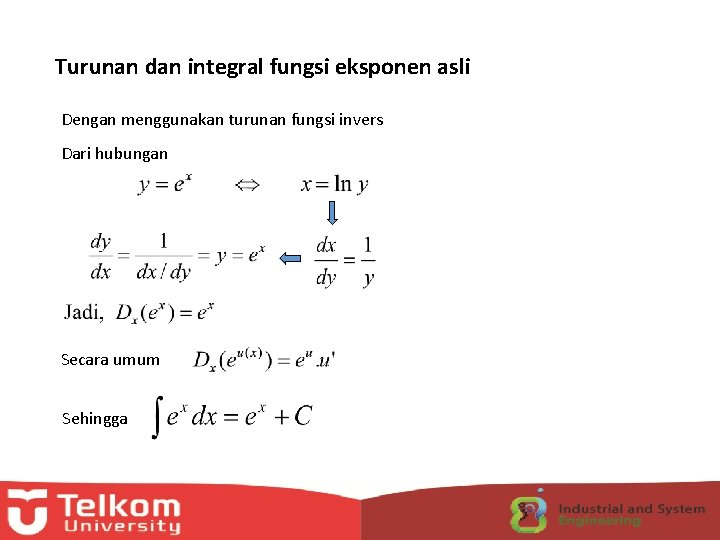 Turunan dan integral fungsi eksponen asli Dengan menggunakan turunan fungsi invers Dari hubungan Secara