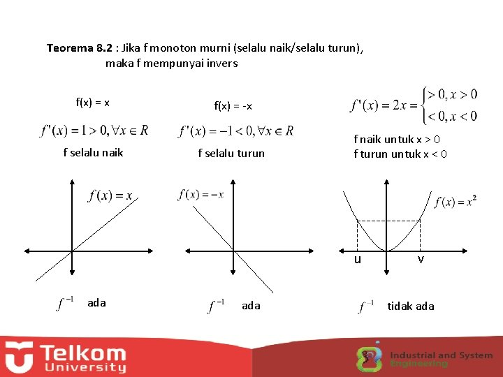 Teorema 8. 2 : Jika f monoton murni (selalu naik/selalu turun), maka f mempunyai