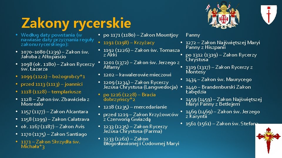 Zakony rycerskie • Według daty powstania (w nawiasie daty przyznania reguły zakonu rycerskiego): •