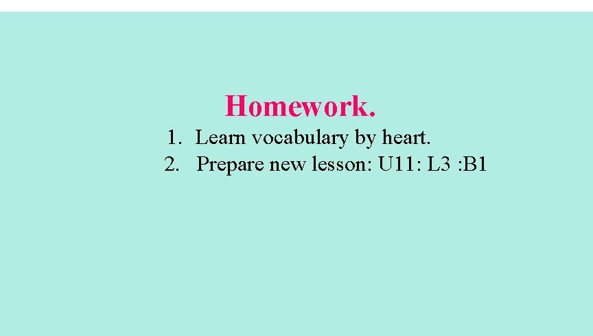 Homework. 1. Learn vocabulary by heart. 2. Prepare new lesson: U 11: L 3