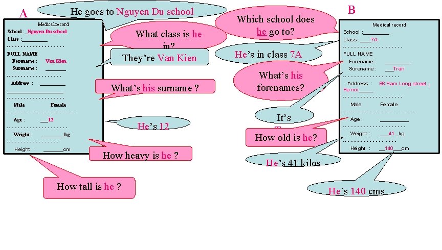 A He goes to Nguyen Du school Medical record School : _Nguyen Du school
