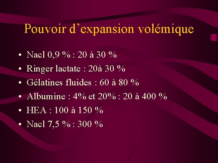 Pouvoir d’expansion volémique • • • Nacl 0, 9 % : 20 à 30 Pouvoir d’expansion volémique • • • Nacl 0, 9 % : 20 à 30