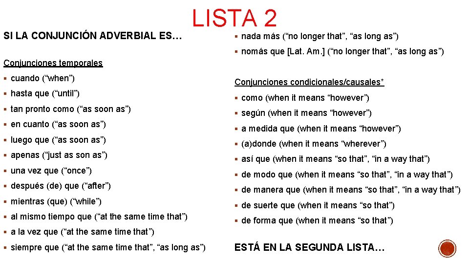 SI LA CONJUNCIÓN ADVERBIAL ES… LISTA 2 § nada más (“no longer that”, “as SI LA CONJUNCIÓN ADVERBIAL ES… LISTA 2 § nada más (“no longer that”, “as