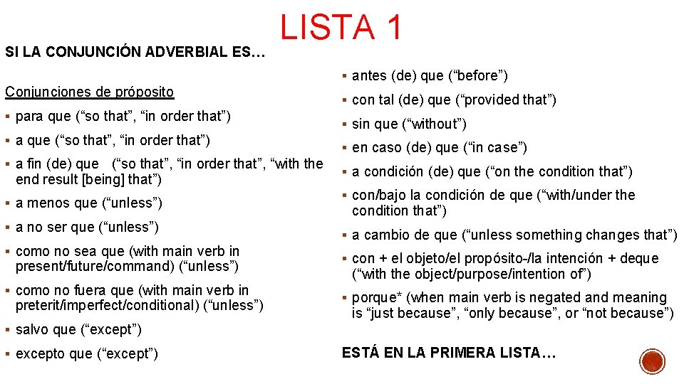 SI LA CONJUNCIÓN ADVERBIAL ES… LISTA 1 § antes (de) que (“before”) Conjunciones de