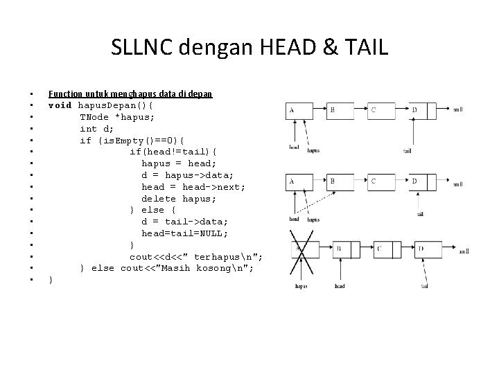 SLLNC dengan HEAD & TAIL • • • • • Function untuk menghapus data