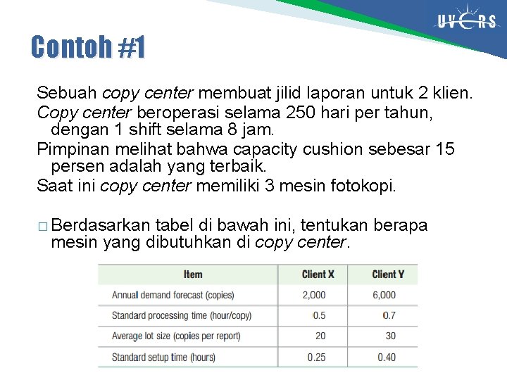 Contoh #1 Sebuah copy center membuat jilid laporan untuk 2 klien. Copy center beroperasi