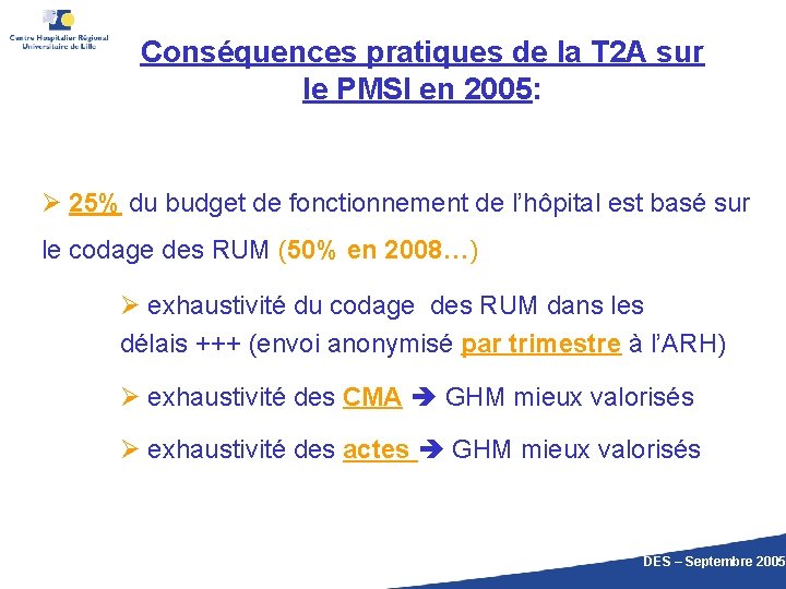 Conséquences pratiques de la T 2 A sur le PMSI en 2005: 25% du