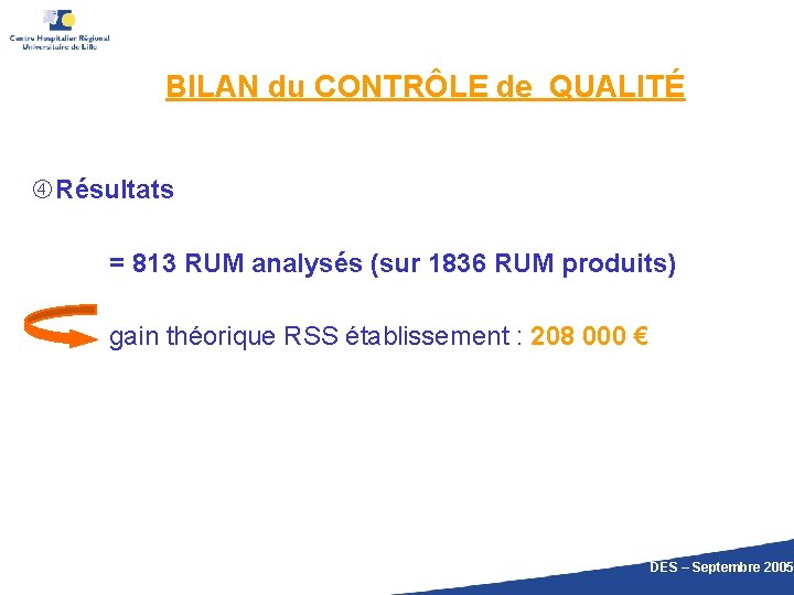 BILAN du CONTRÔLE de QUALITÉ Résultats = 813 RUM analysés (sur 1836 RUM produits)