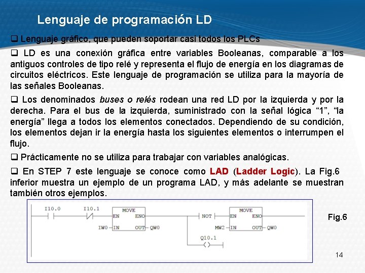 Lenguaje de programación LD q Lenguaje gráfico, que pueden soportar casi todos los PLCs