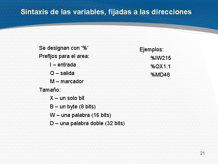 Sintaxis de las variables, fijadas a las direcciones Se designan con ‘%’ Ejemplos: Prefijos