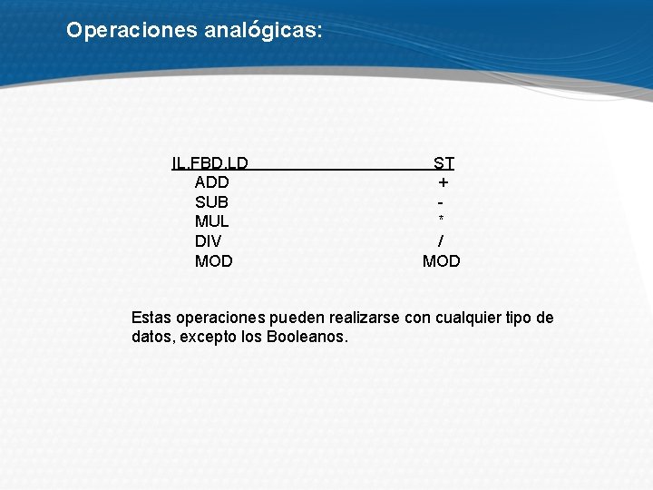 Operaciones analógicas: IL, FBD, LD ADD SUB MUL DIV MOD ST + * /