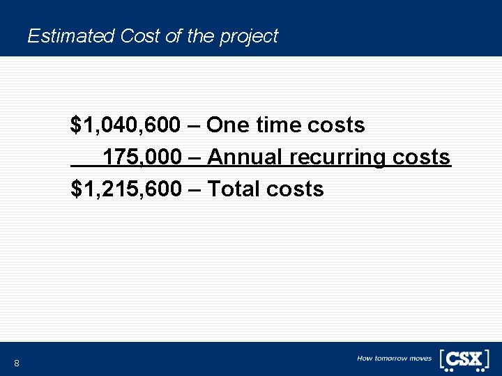 Estimated Cost of the project $1, 040, 600 – One time costs 175, 000 Estimated Cost of the project $1, 040, 600 – One time costs 175, 000