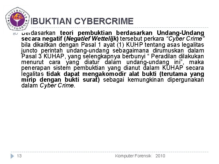 PEMBUKTIAN CYBERCRIME Berdasarkan teori pembuktian berdasarkan Undang-Undang secara negatif (Negatief Wettelijk) tersebut perkara “Cyber