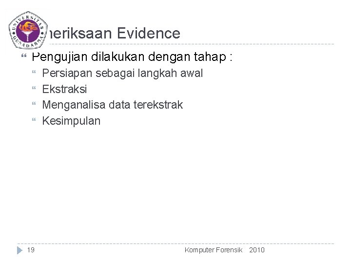 Pemeriksaan Evidence Pengujian dilakukan dengan tahap : 19 Persiapan sebagai langkah awal Ekstraksi Menganalisa