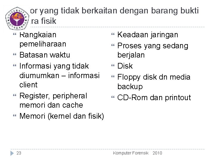 Faktor yang tidak berkaitan dengan barang bukti secara fisik Rangkaian pemeliharaan Batasan waktu Informasi