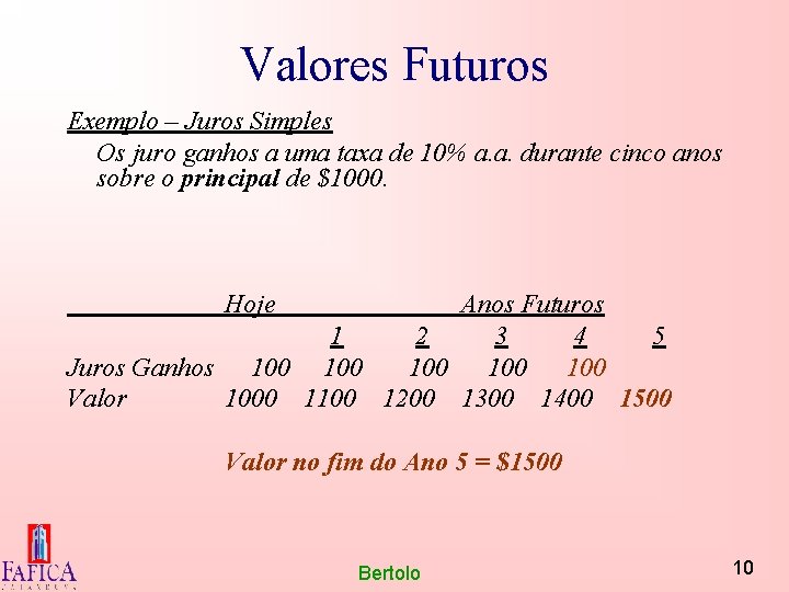 Valores Futuros Exemplo – Juros Simples Os juro ganhos a uma taxa de 10%