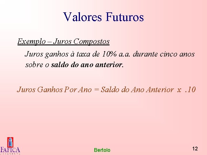 Valores Futuros Exemplo – Juros Compostos Juros ganhos à taxa de 10% a. a.
