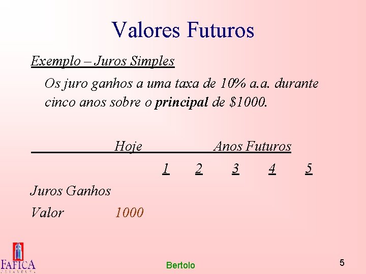 Valores Futuros Exemplo – Juros Simples Os juro ganhos a uma taxa de 10%