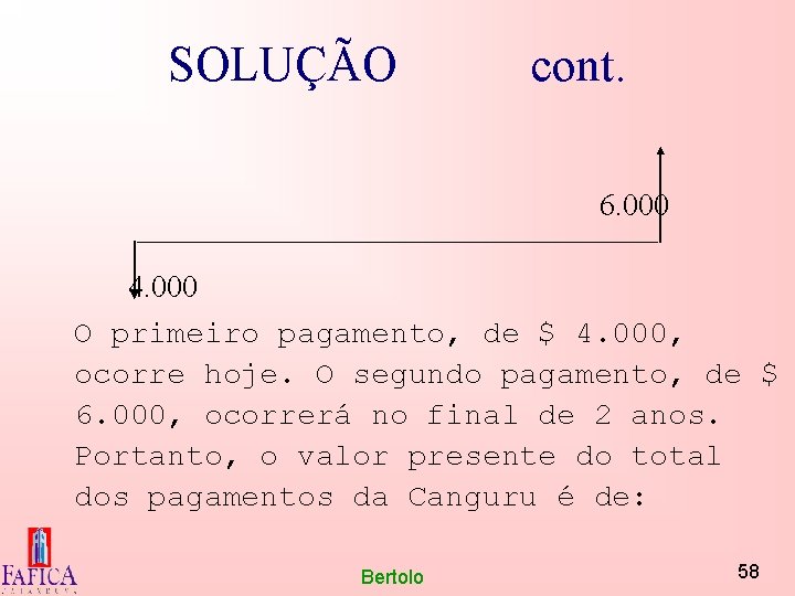 SOLUÇÃO cont. 6. 000 4. 000 O primeiro pagamento, de $ 4. 000, ocorre