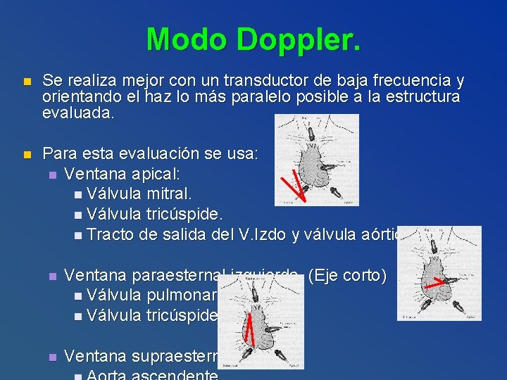 Modo Doppler. n Se realiza mejor con un transductor de baja frecuencia y orientando
