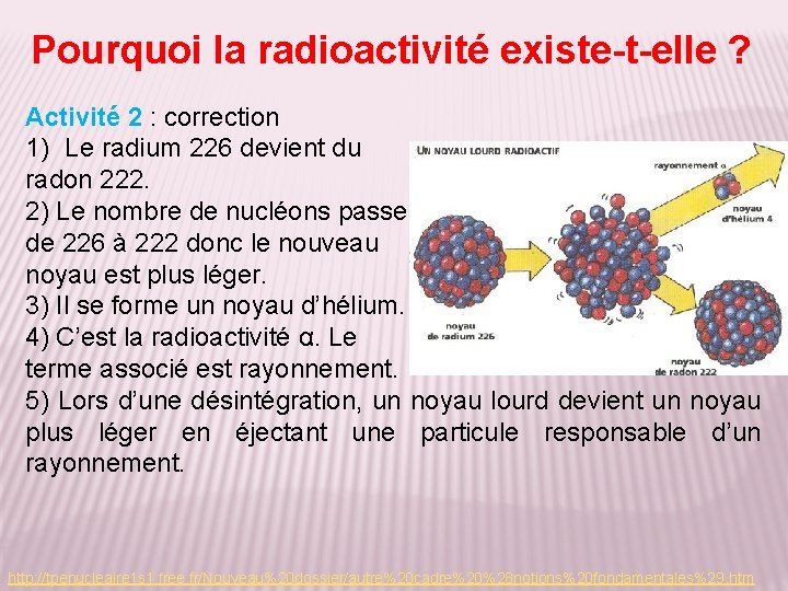 Pourquoi la radioactivité existe-t-elle ? Activité 2 : correction 1) Le radium 226 devient