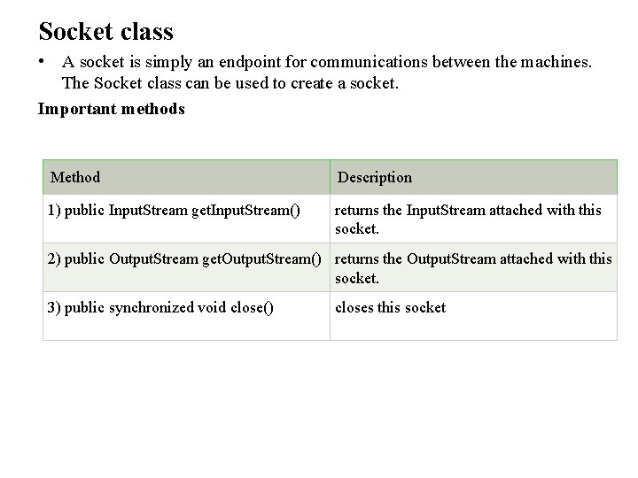 Socket class • A socket is simply an endpoint for communications between the machines.