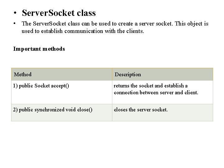  • Server. Socket class • The Server. Socket class can be used to