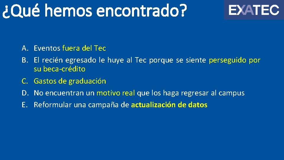 ¿Qué hemos encontrado? A. Eventos fuera del Tec B. El recién egresado le huye