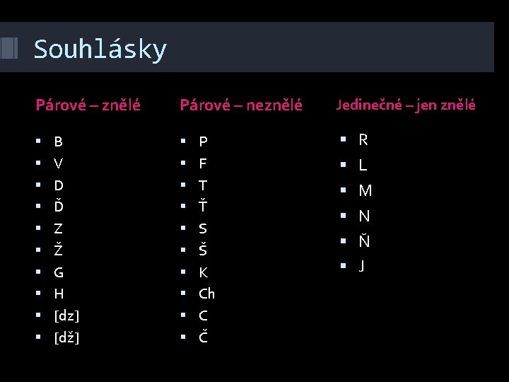 Souhlásky Párové – znělé B V D Ď Z Ž G H [dz] [dž]