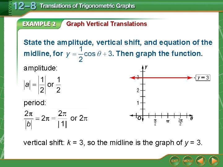 Graph Vertical Translations State the amplitude, vertical shift, and equation of the midline, for.