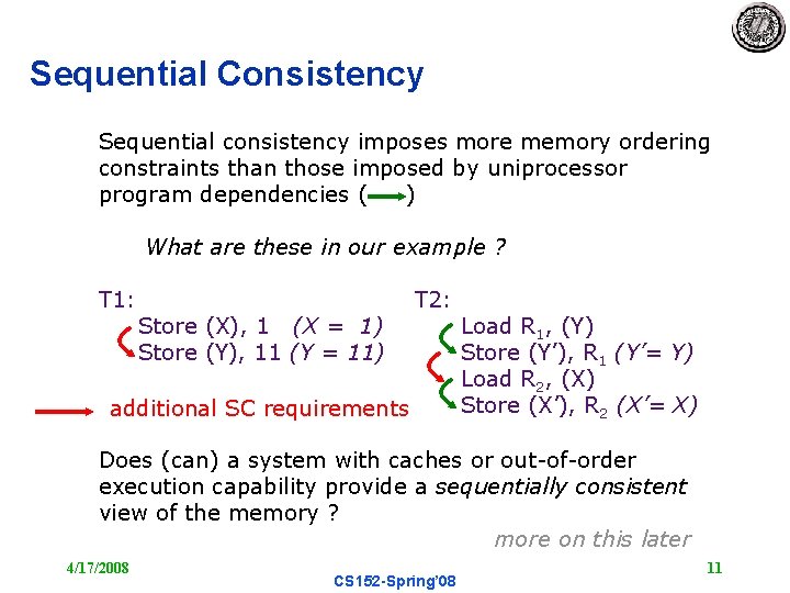 Sequential Consistency Sequential consistency imposes more memory ordering constraints than those imposed by uniprocessor