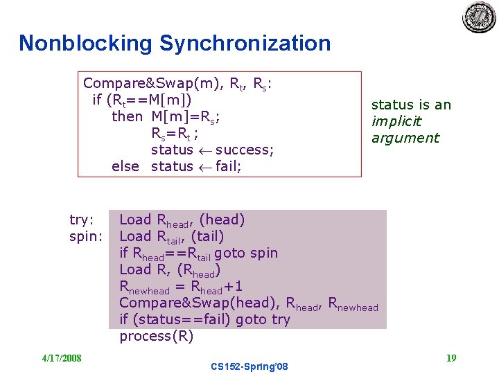 Nonblocking Synchronization Compare&Swap(m), Rt, Rs: if (Rt==M[m]) then M[m]=Rs; Rs=Rt ; status success; else