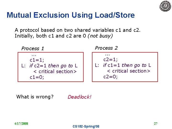 Mutual Exclusion Using Load/Store A protocol based on two shared variables c 1 and