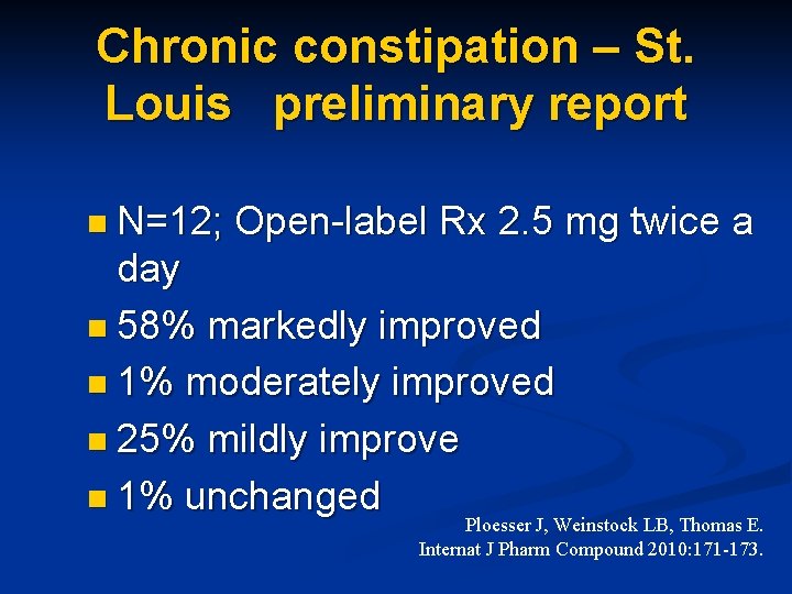 Chronic constipation – St. Louis preliminary report n N=12; Open-label Rx 2. 5 mg