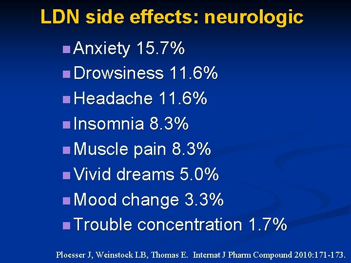 LDN side effects: neurologic n Anxiety 15. 7% n Drowsiness 11. 6% n Headache