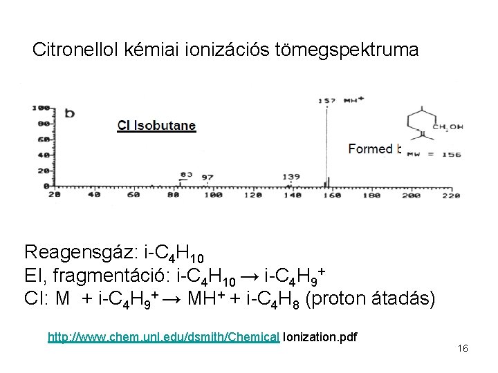 Citronellol kémiai ionizációs tömegspektruma Reagensgáz: i-C 4 H 10 EI, fragmentáció: i-C 4 H