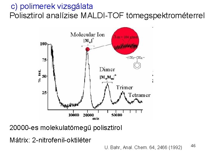 c) polimerek vizsgálata Polisztirol analízise MALDI-TOF tömegspektrométerrel 20000 -es molekulatömegű polisztirol Mátrix: 2 -nitrofenil-oktiléter