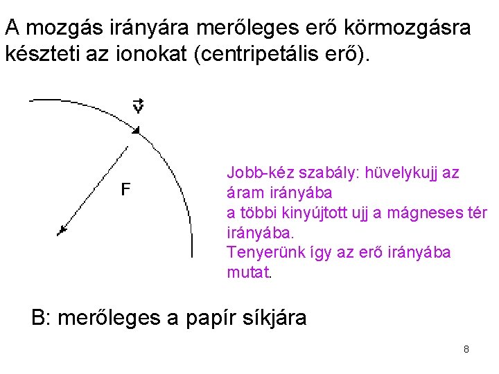 A mozgás irányára merőleges erő körmozgásra készteti az ionokat (centripetális erő). Jobb-kéz szabály: hüvelykujj