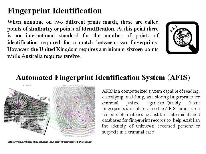 Fingerprint Identification When minutiae on two different prints match, these are called points of