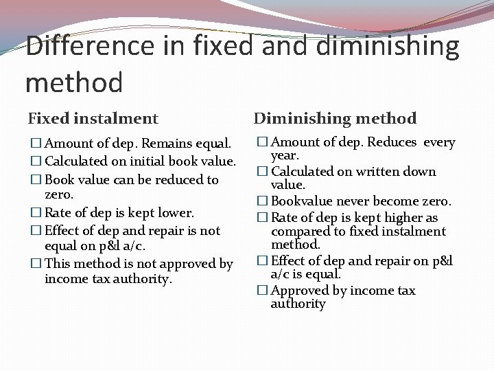 Difference in fixed and diminishing method Fixed instalment Diminishing method � Amount of dep.