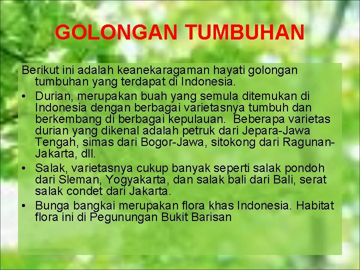 GOLONGAN TUMBUHAN Berikut ini adalah keanekaragaman hayati golongan tumbuhan yang terdapat di Indonesia. •
