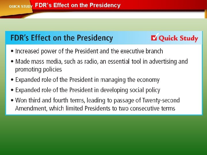 QUICK STUDY FDR’s Effect on the Presidency 