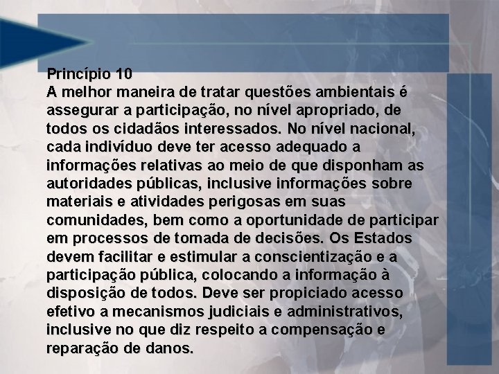 Princípio 10 A melhor maneira de tratar questões ambientais é assegurar a participação, no