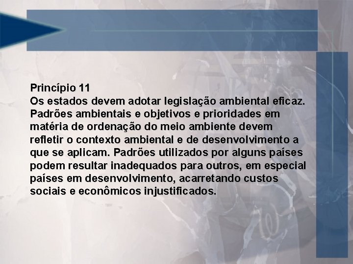 Princípio 11 Os estados devem adotar legislação ambiental eficaz. Padrões ambientais e objetivos e